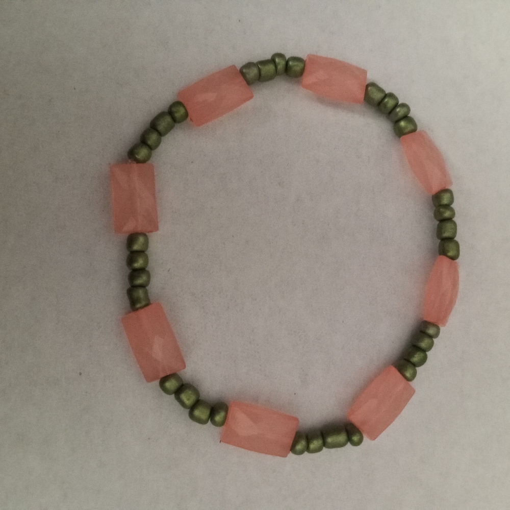hand crafted Coral crystal and olive green beaded statement bracelet boho